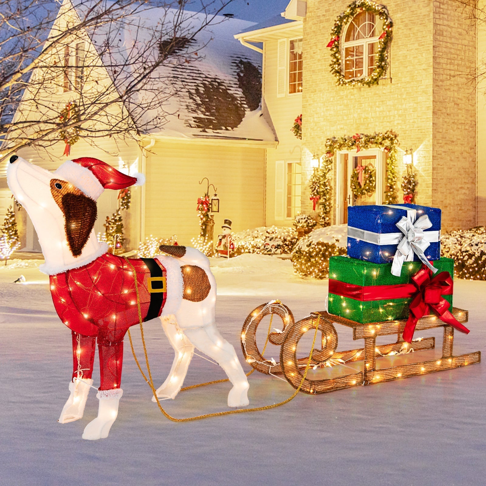 LED Light-Up Christmas Sleigh with Dog and Festive Presents