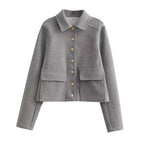 Women's Cropped Bomber Jacket with Textured Collar, Button Closure, and Long Sleeves