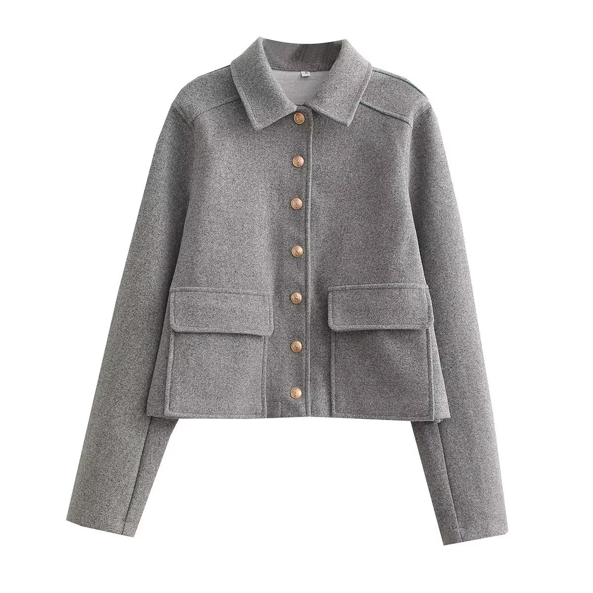 Women's Cropped Bomber Jacket with Textured Collar, Button Closure, and Long Sleeves