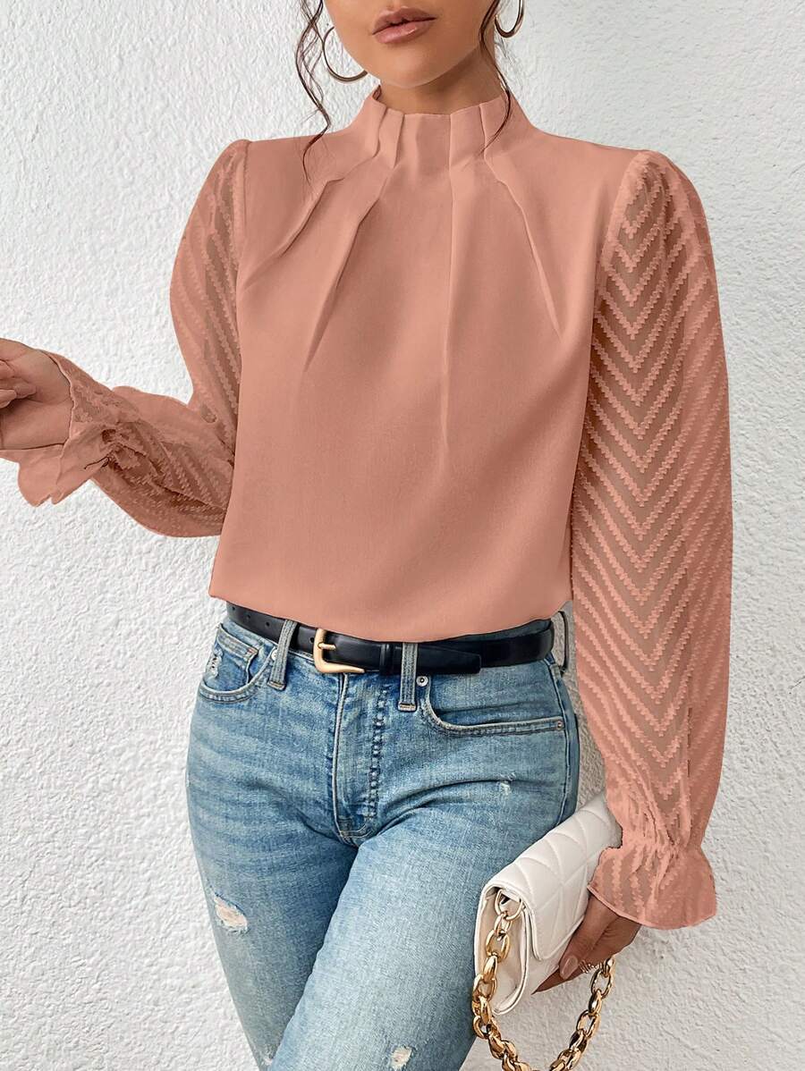 Women's Blouse with Sheer Sleeves and Pleated Neckline