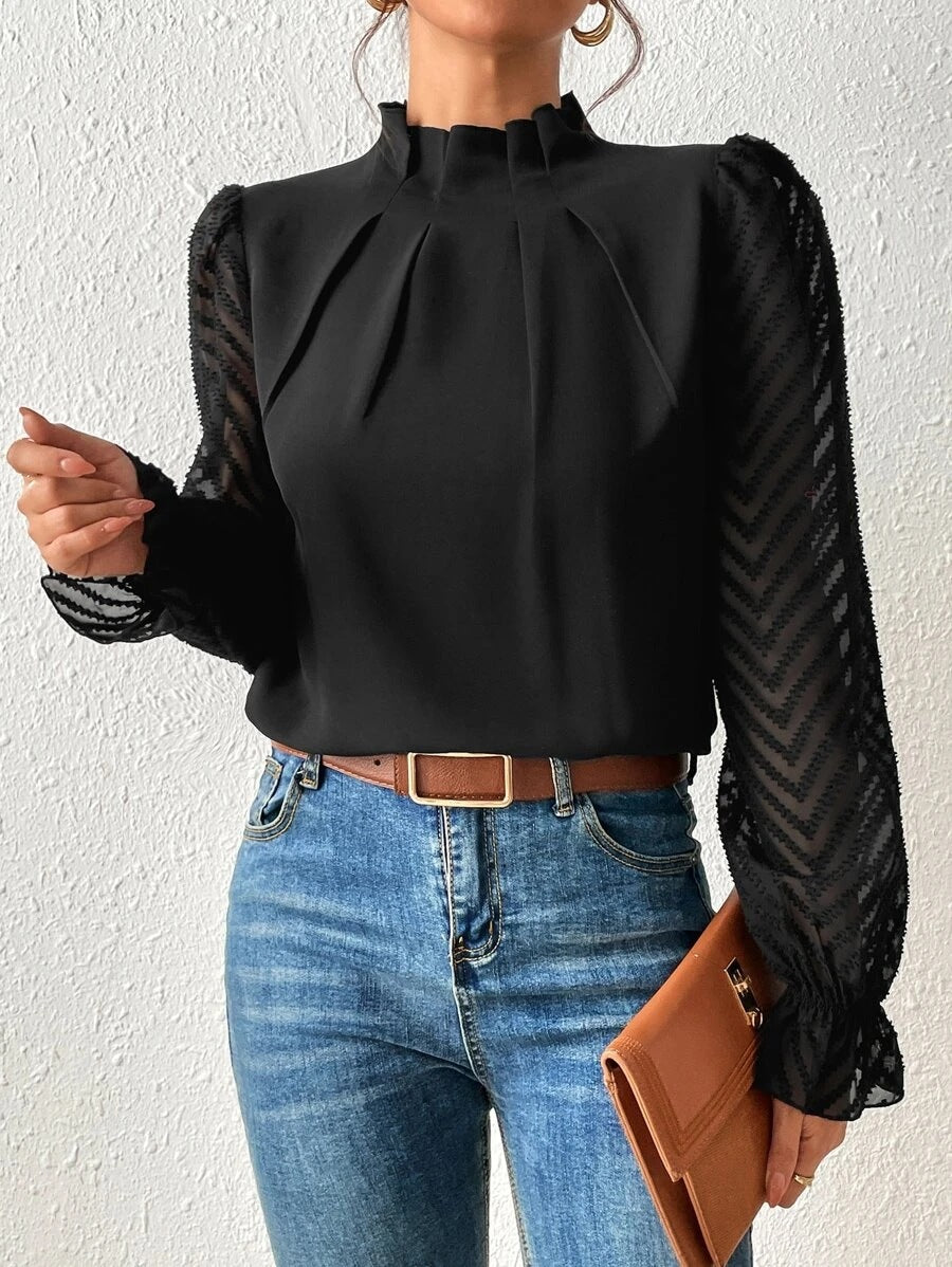 Women's Blouse with Sheer Sleeves and Pleated Neckline