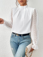 Women's Blouse with Sheer Sleeves and Pleated Neckline