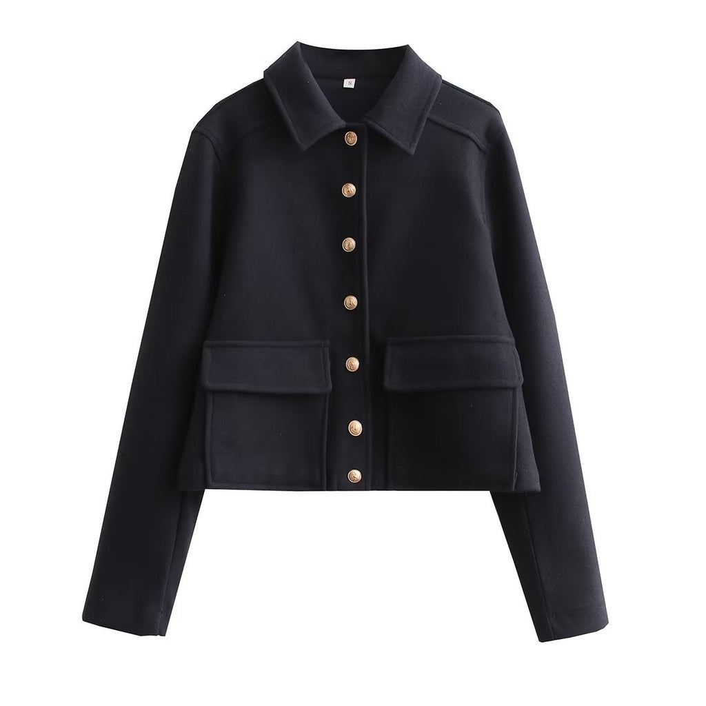 Women's Cropped Bomber Jacket with Textured Collar, Button Closure, and Long Sleeves