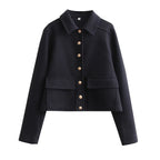 Women's Cropped Bomber Jacket with Textured Collar, Button Closure, and Long Sleeves
