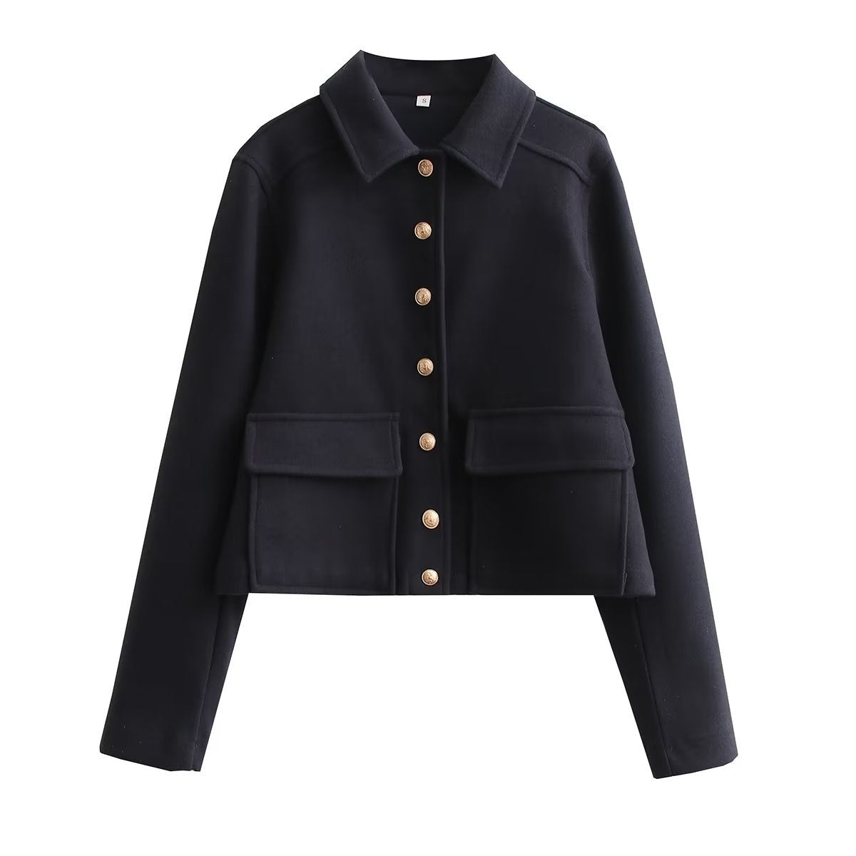 Women's Cropped Bomber Jacket with Textured Collar, Button Closure, and Long Sleeves