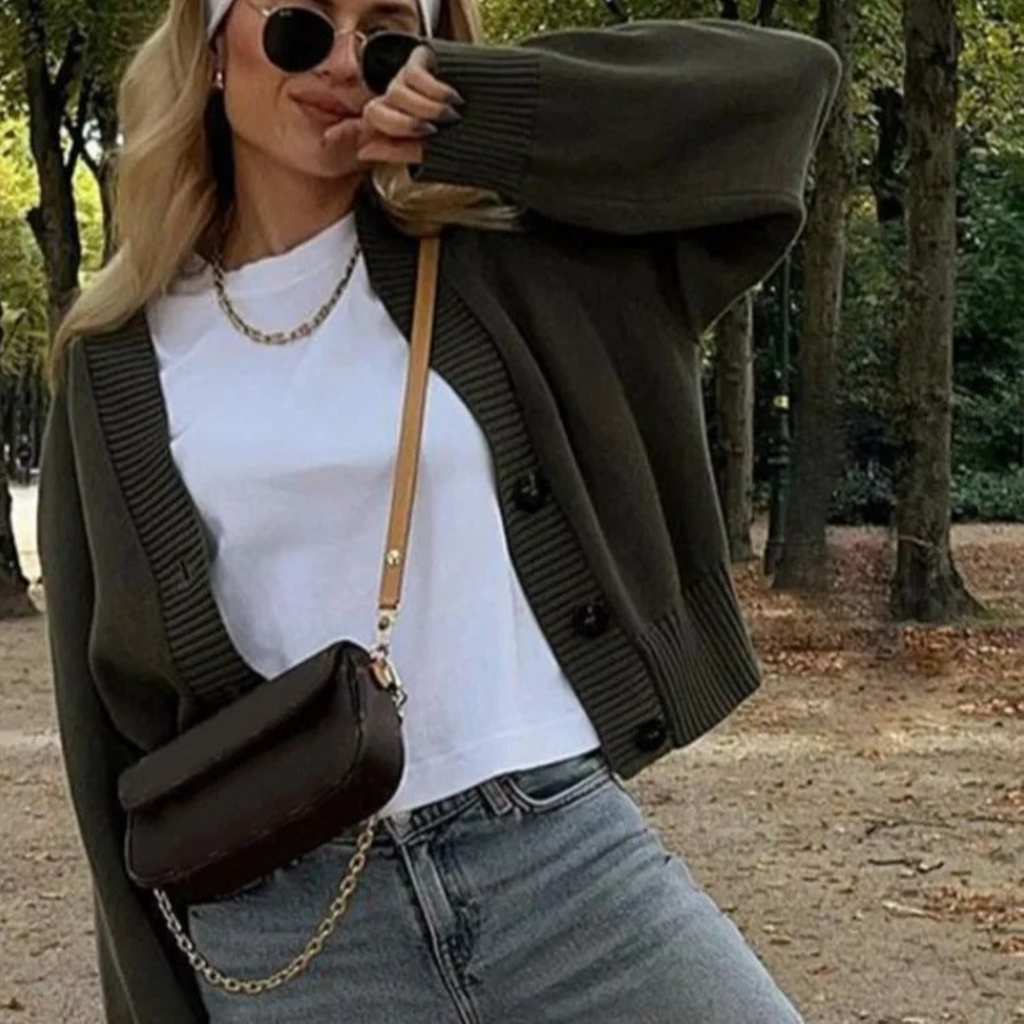 V-Neck Olive Green Knitted Cardigan
