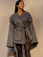 Ladies Grey Oversized Autumn Coat with Belt