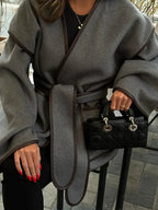 Ladies Grey Oversized Autumn Coat with Belt
