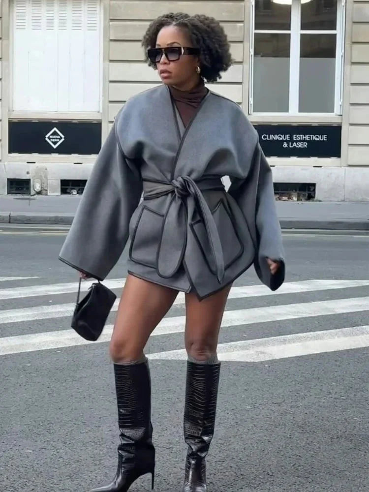 Ladies Grey Oversized Autumn Coat with Belt