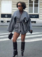 Ladies Grey Oversized Autumn Coat with Belt