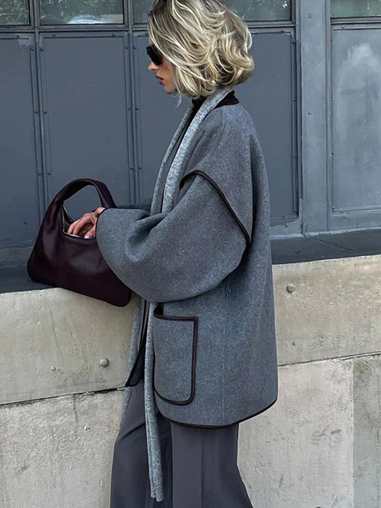Ladies Grey Oversized Autumn Coat with Belt