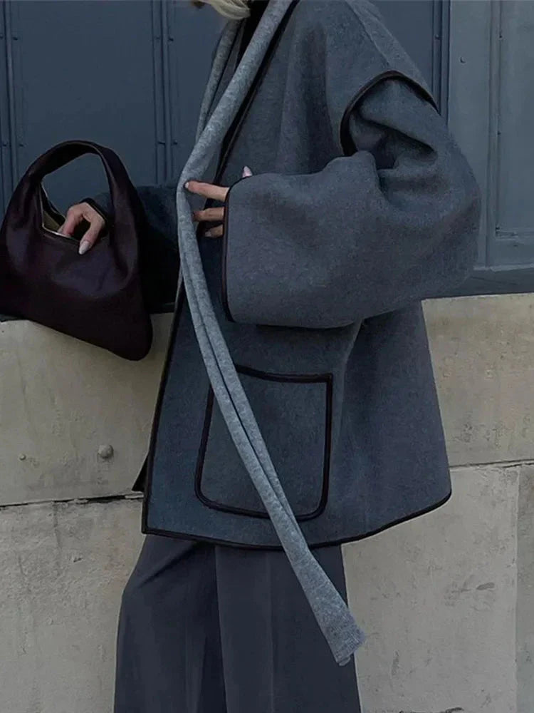 Ladies Grey Oversized Autumn Coat with Belt