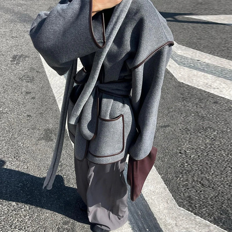 Ladies Grey Oversized Autumn Coat with Belt