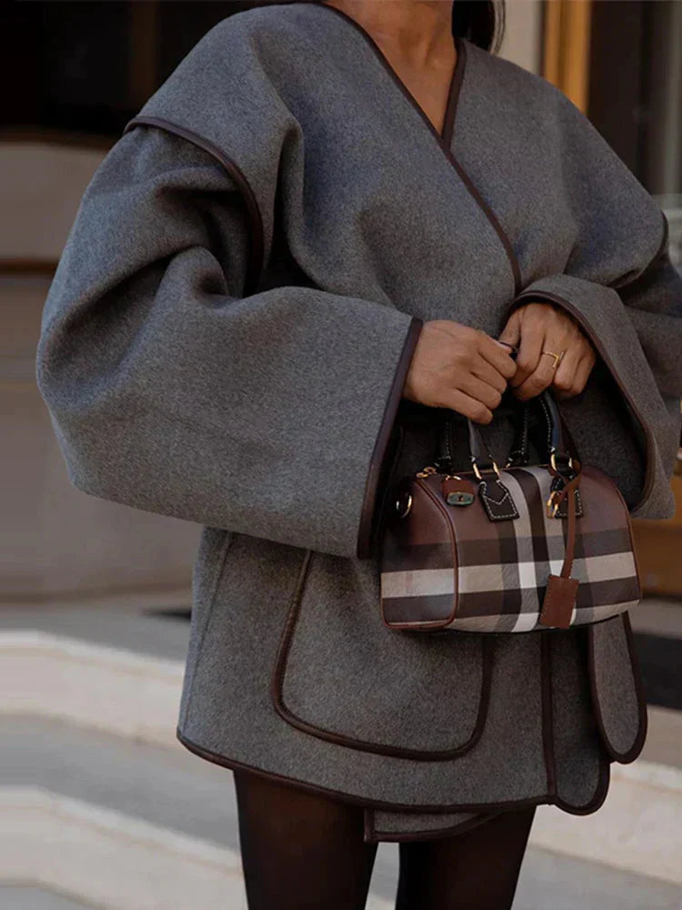 Ladies Grey Oversized Autumn Coat with Belt
