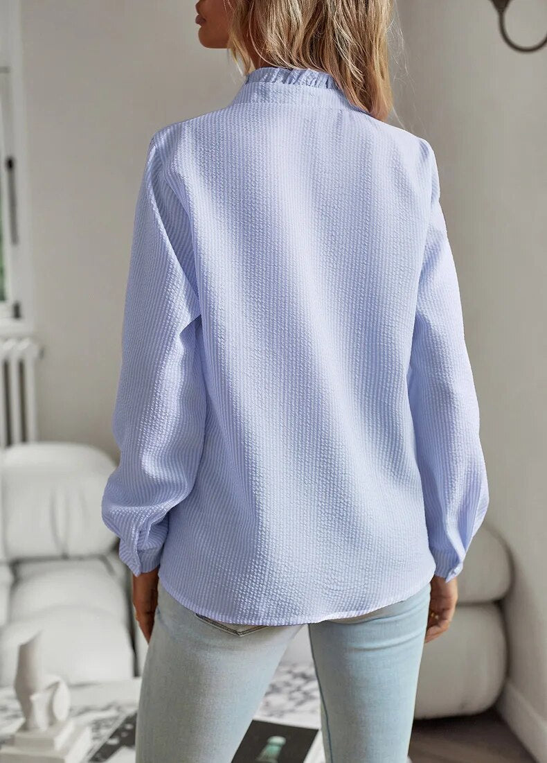 Jamie - Ruffled Blouse with Stand-Up Collar