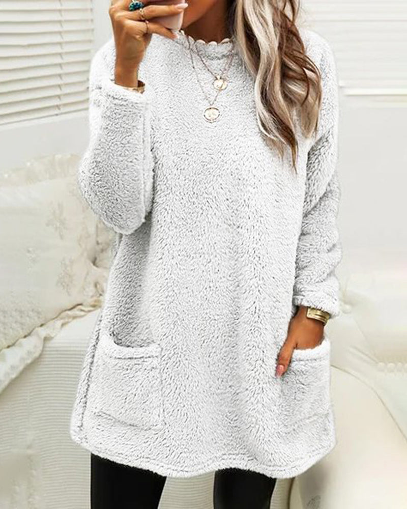Cozy Long Fleece Winter Sweater with Pockets for Women