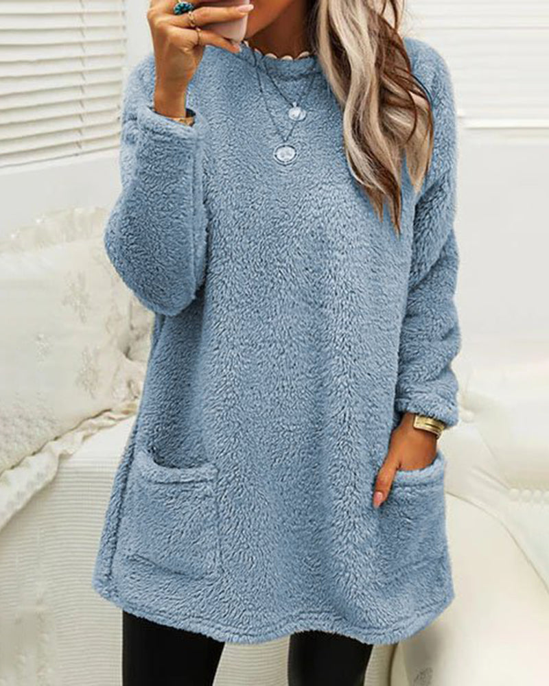 Cozy Long Fleece Winter Sweater with Pockets for Women