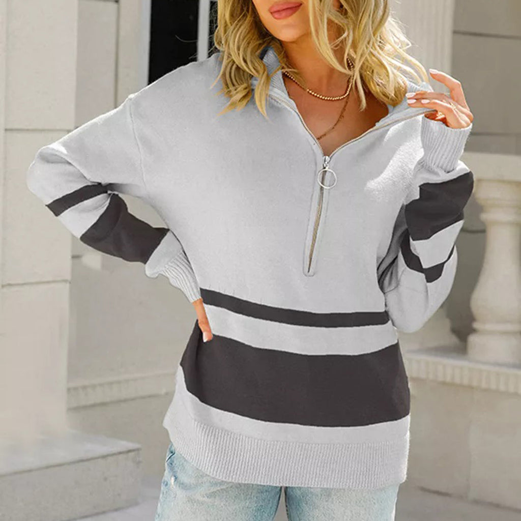 Striped Oversized Women's Knitted Jumper with Zip for Winter