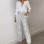 Lou - Stylish Two-Piece Set Featuring a White Blouse and Geometric Print Pants