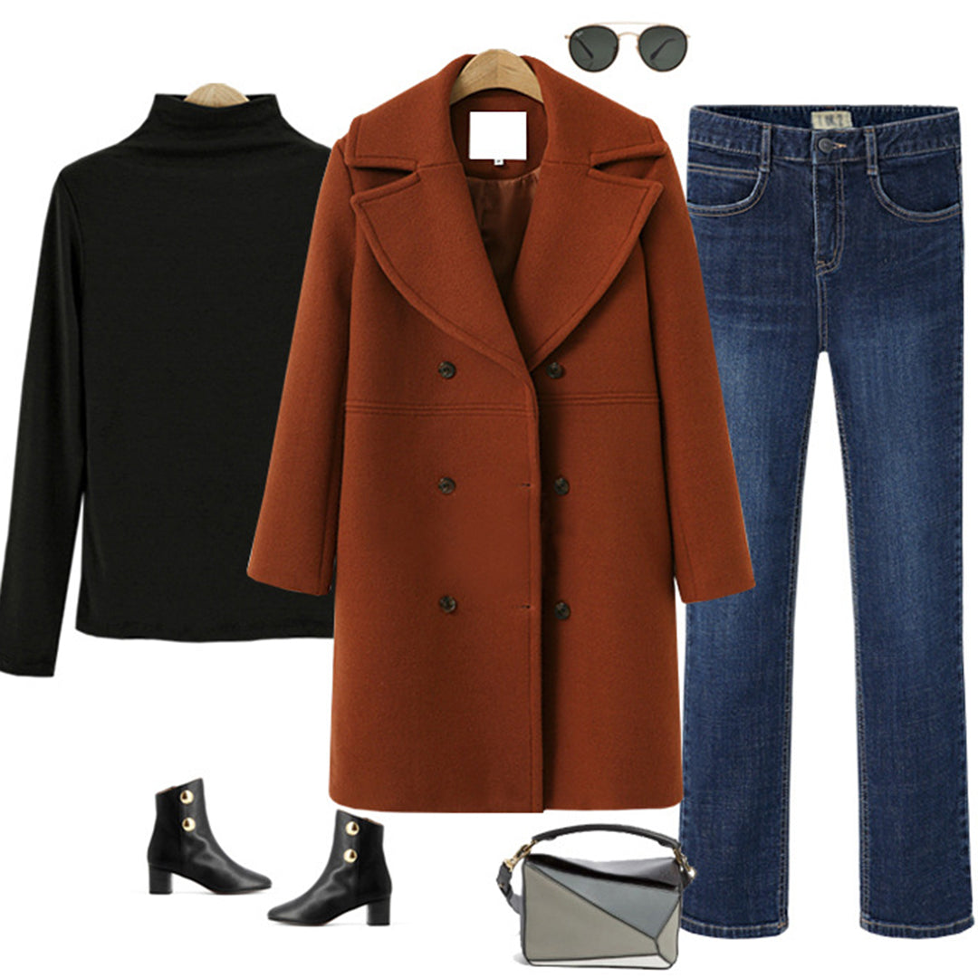 Double-Breasted Long Wool Coat for Women – Perfect for Autumn