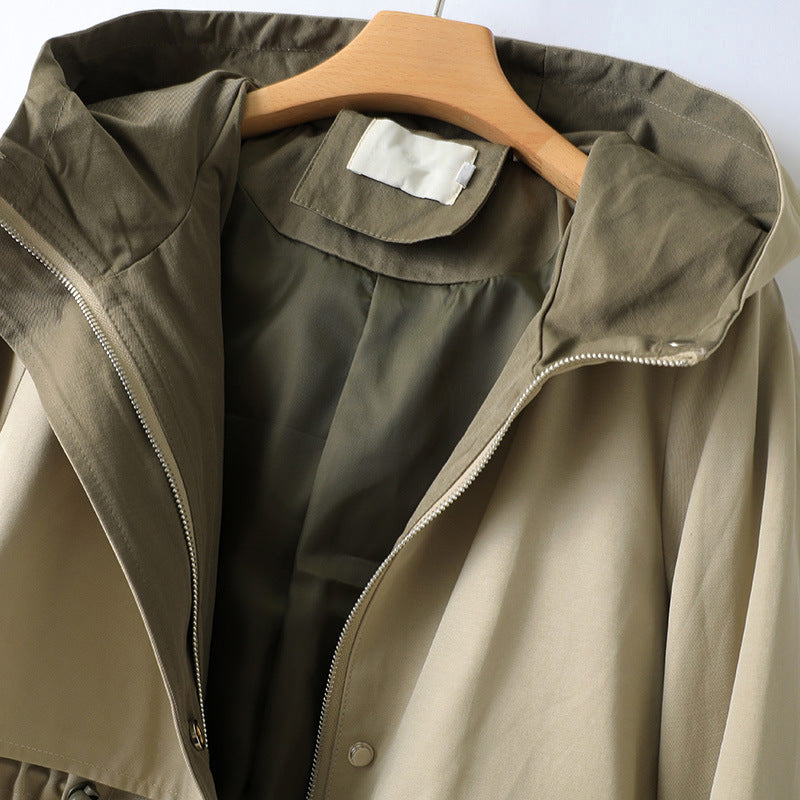 Women's Waterproof Hooded Trench Coat with Adjustable Waist Drawstring