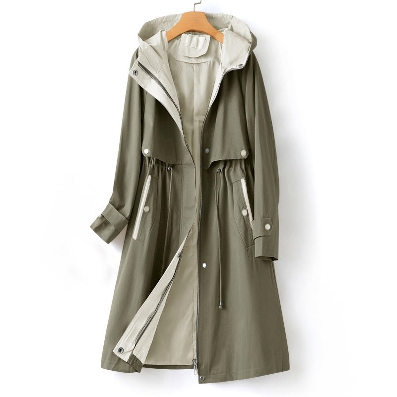 Women's Waterproof Hooded Trench Coat with Adjustable Waist Drawstring