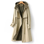 Women's Waterproof Hooded Trench Coat with Adjustable Waist Drawstring