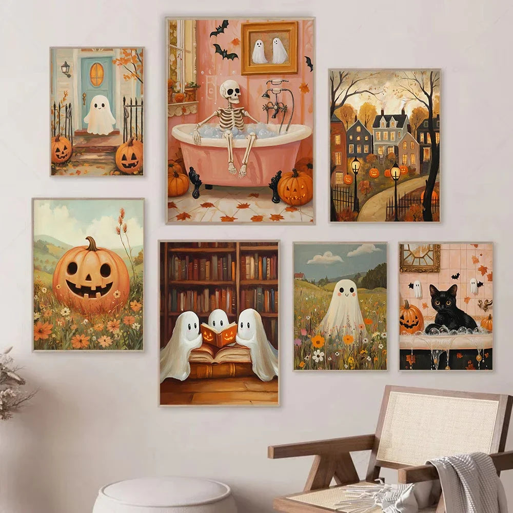 Halloween Poster Collection Featuring Pumpkins, Ghosts, and Cats — Autumn Wall Decor for Your Home