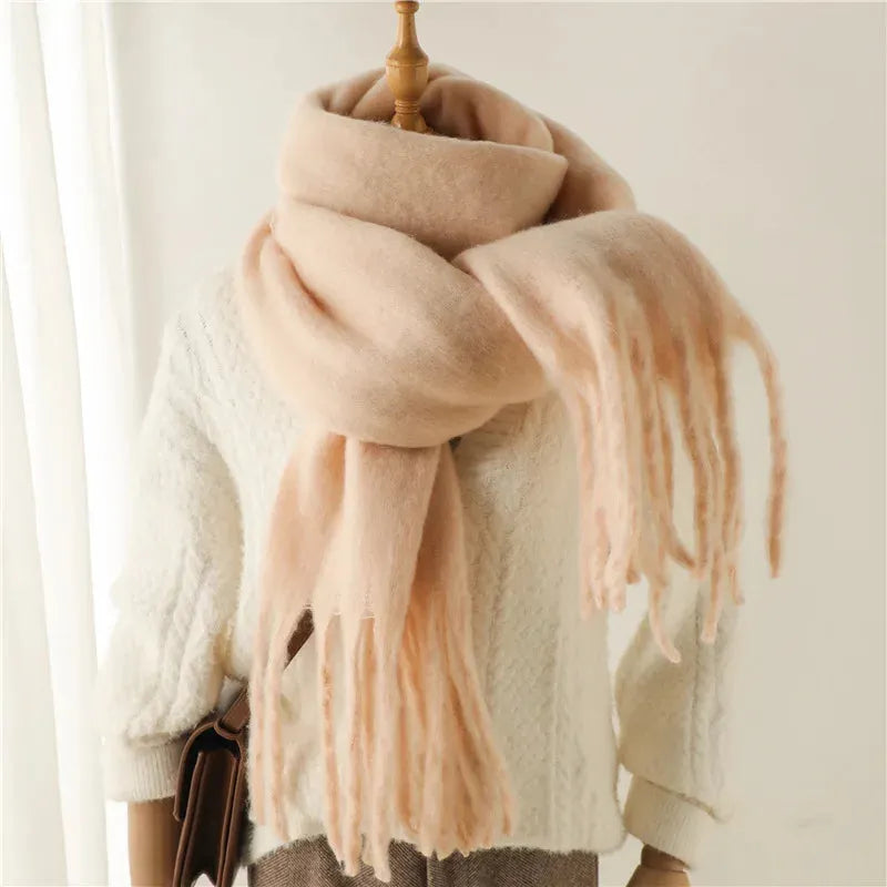 Stylish Women's Long Winter Scarf with Fringed Edges