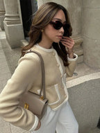 Women's Tailored Cropped Jacket - Long Sleeve - Textured Fabric - Timeless Style