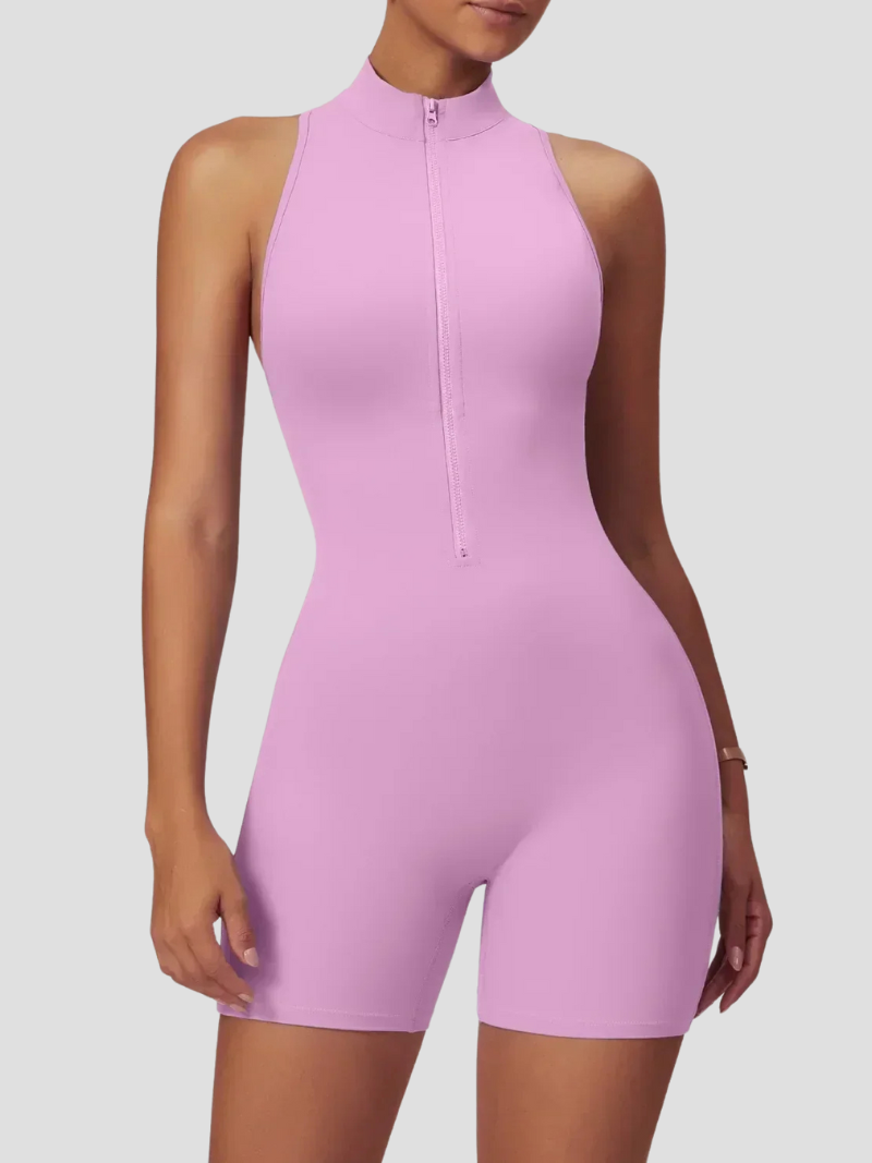 Chic Sleeveless Sports Jumpsuit with Zip and Open Back - Women's Activewear