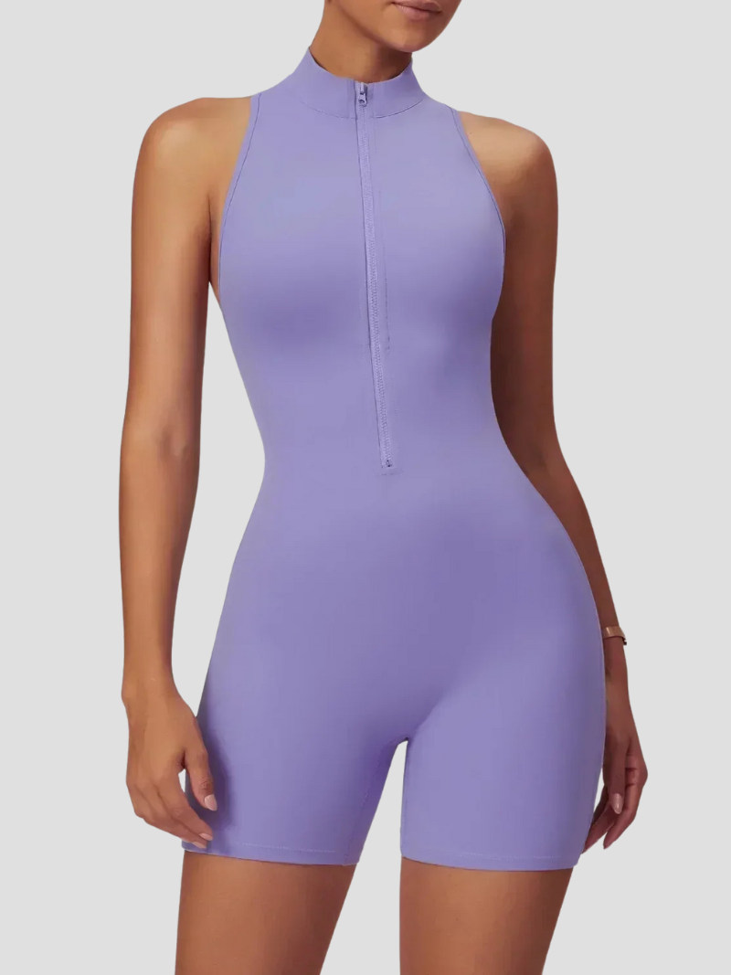 Chic Sleeveless Sports Jumpsuit with Zip and Open Back - Women's Activewear