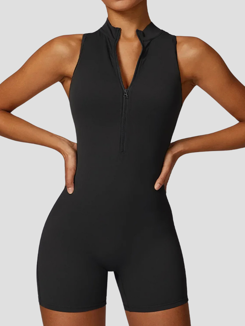 Chic Sleeveless Sports Jumpsuit with Zip and Open Back - Women's Activewear