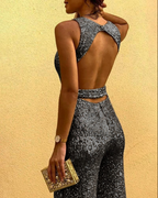Women's Sleeveless Glitter Jumpsuit with Belt