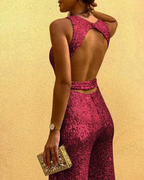 Women's Sleeveless Glitter Jumpsuit with Belt