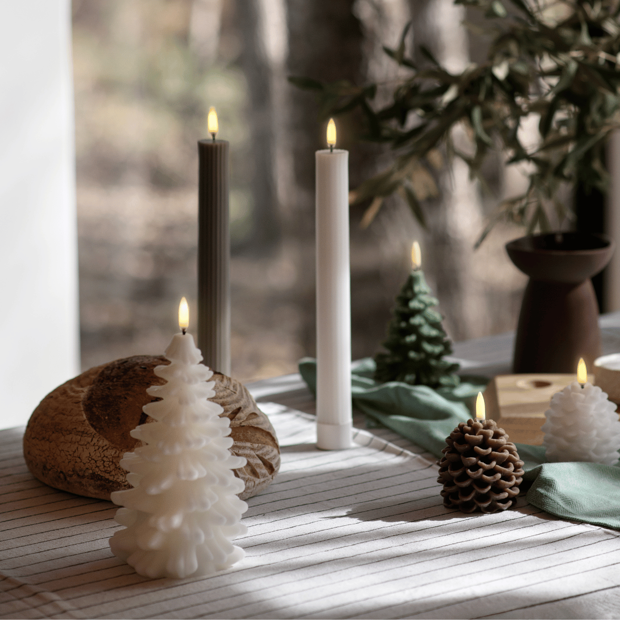 Elegant Green and White LED Candle Set with Tree Pattern - Safe and Stylish