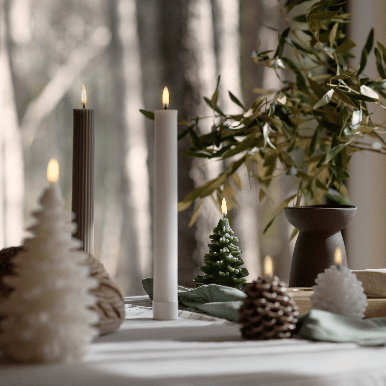 Elegant Green and White LED Candle Set with Tree Pattern - Safe and Stylish