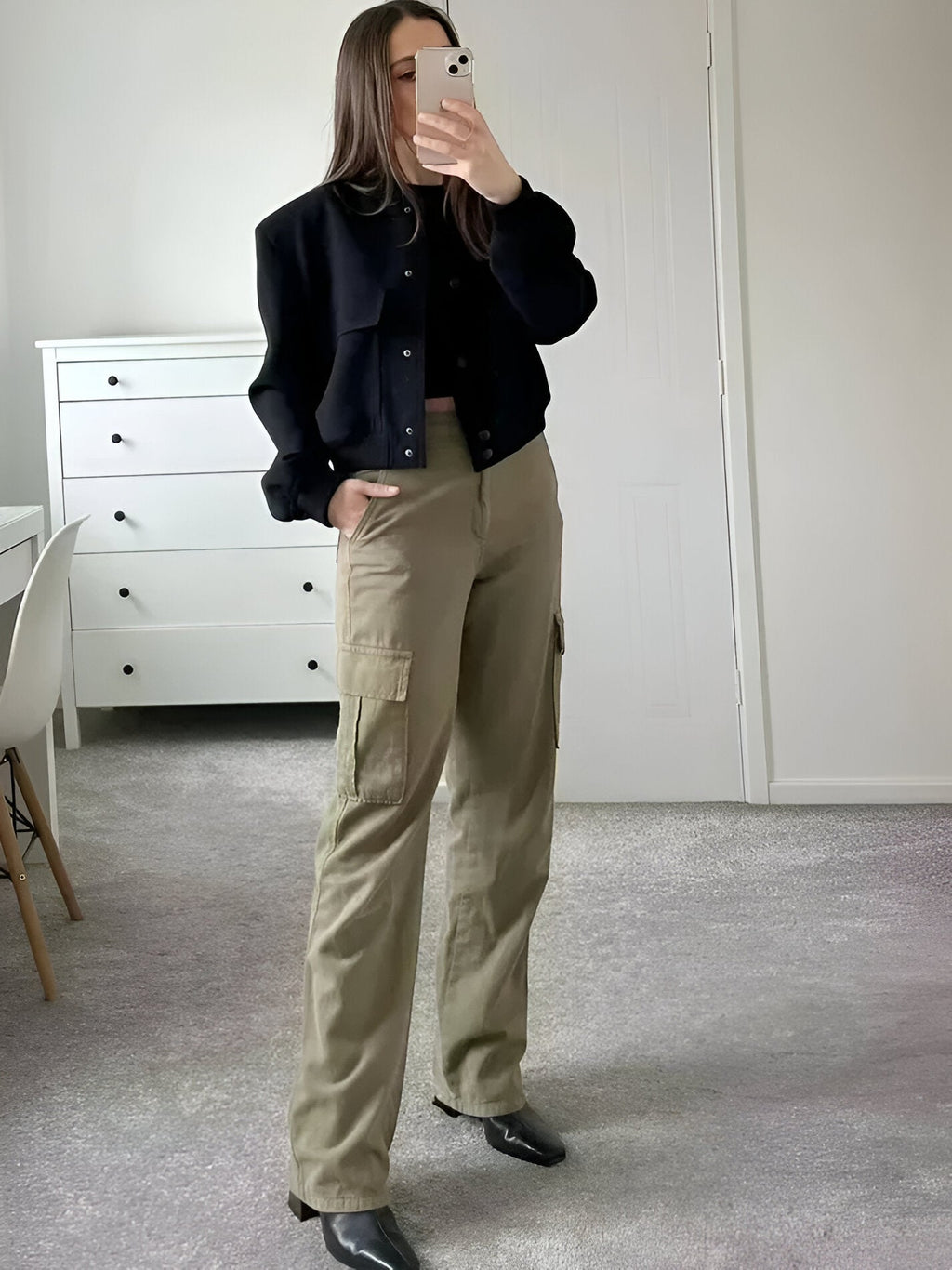 Womens Cropped Bomber Jacket with Button Closure, Flap Pockets, and Ribbed Cuffs