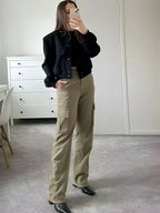 Womens Cropped Bomber Jacket with Button Closure, Flap Pockets, and Ribbed Cuffs