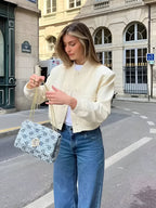 Womens Cropped Bomber Jacket with Button Closure, Flap Pockets, and Ribbed Cuffs