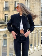 Womens Cropped Bomber Jacket with Button Closure, Flap Pockets, and Ribbed Cuffs