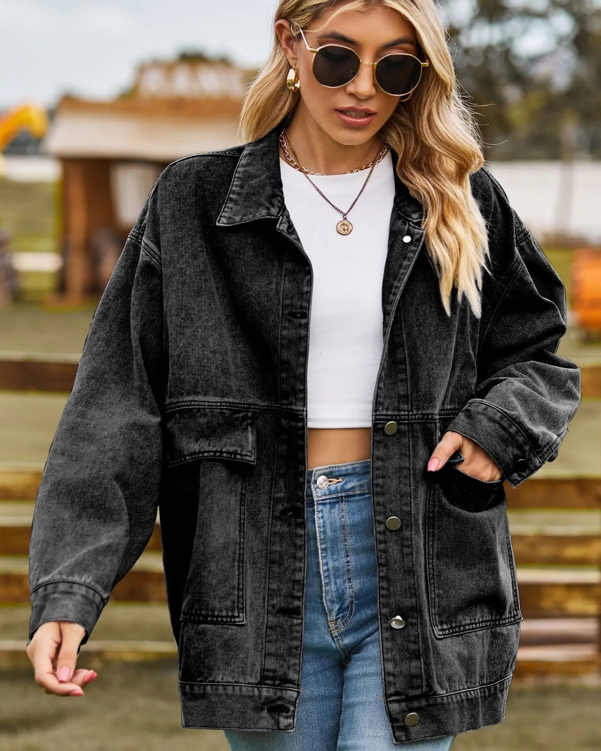 Chic Oversized Denim Jacket with Button Closure for Women