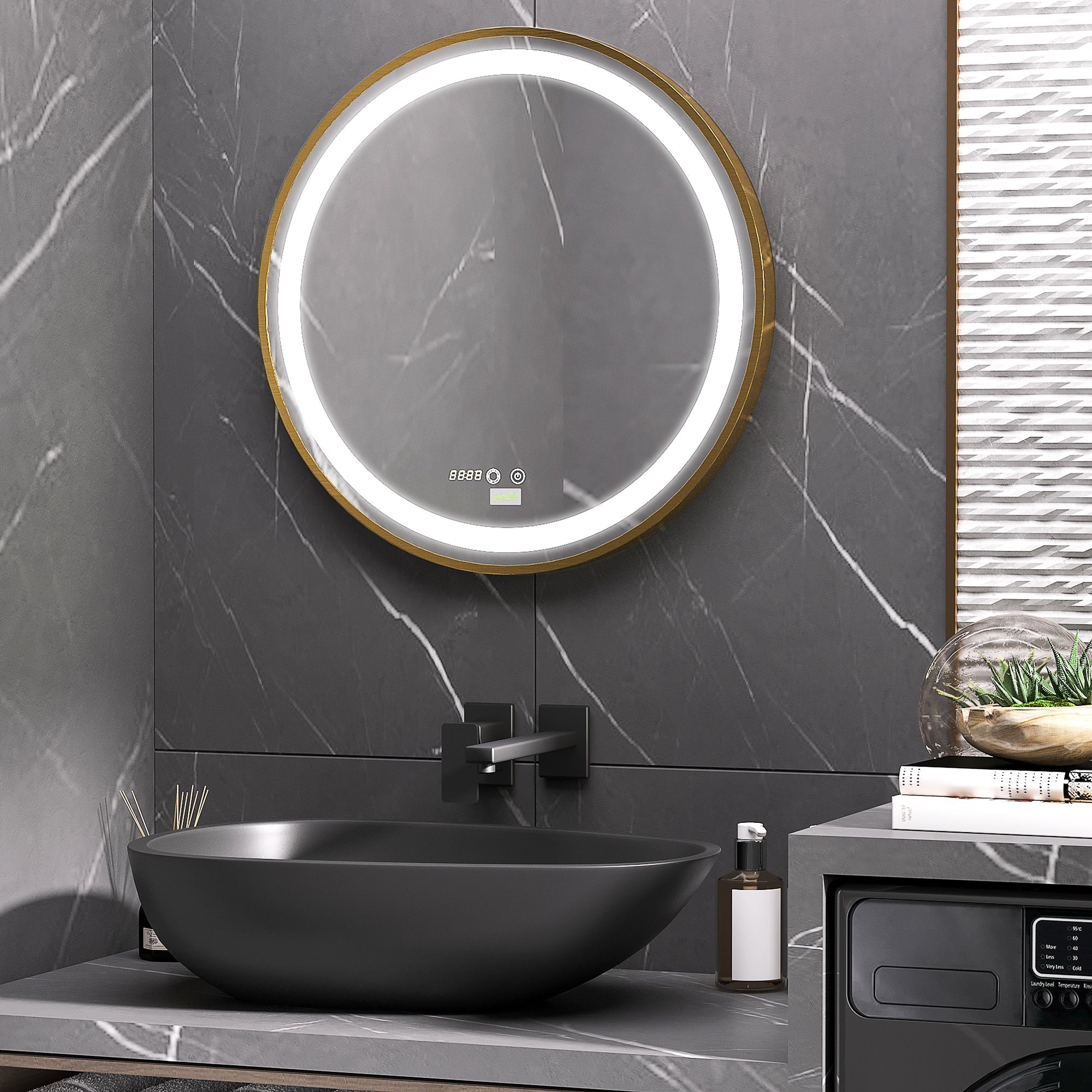 Round LED Bathroom Mirror with Time Display and Memory Feature