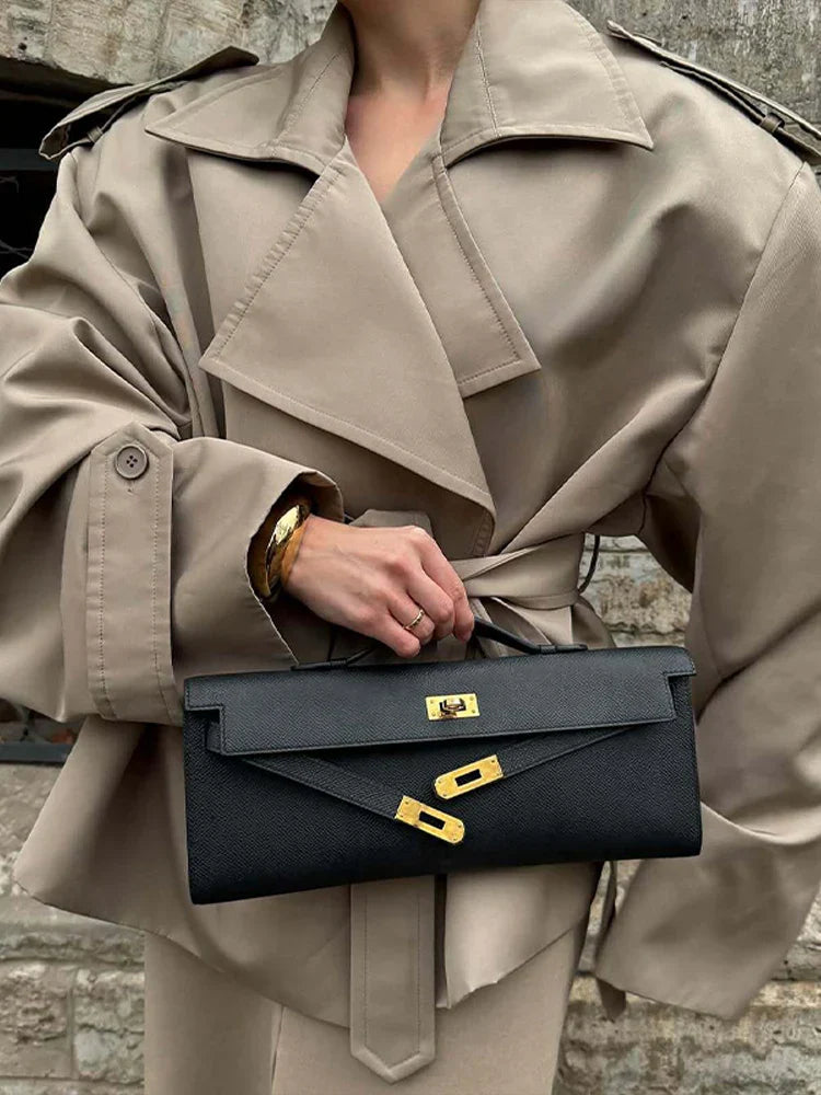 Retro Women's Trench Coat with Turn-Down Collar and Shoulder Pads - Chic Outerwear for Women