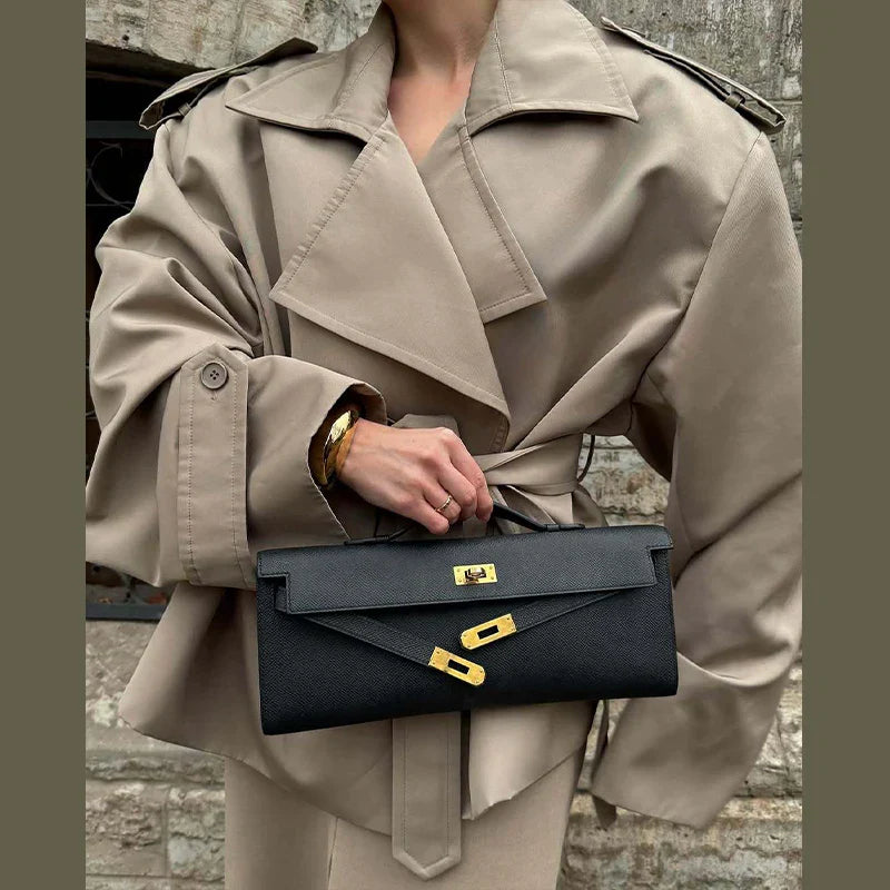 Retro Women's Trench Coat with Turn-Down Collar and Shoulder Pads - Chic Outerwear for Women