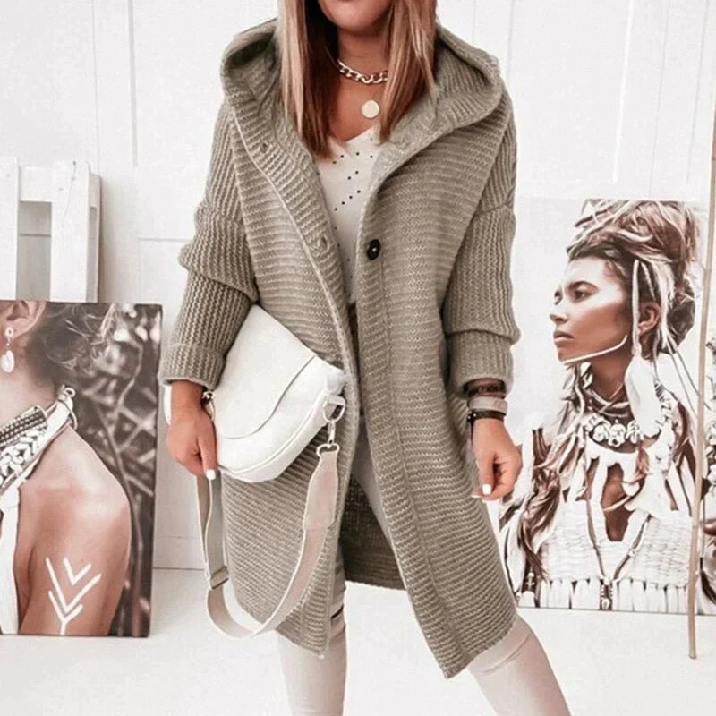 Women's Hooded Midi Winter Coat with Button Closure