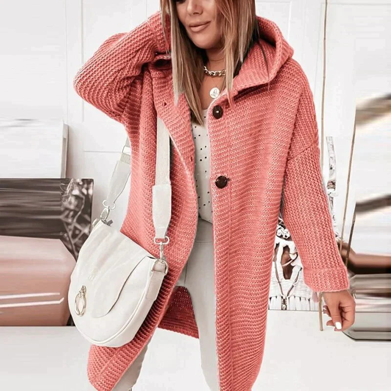 Women's Hooded Midi Winter Coat with Button Closure