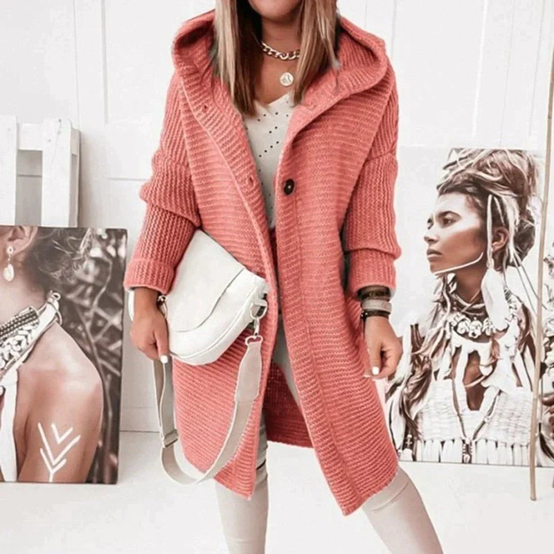 Women's Hooded Midi Winter Coat with Button Closure