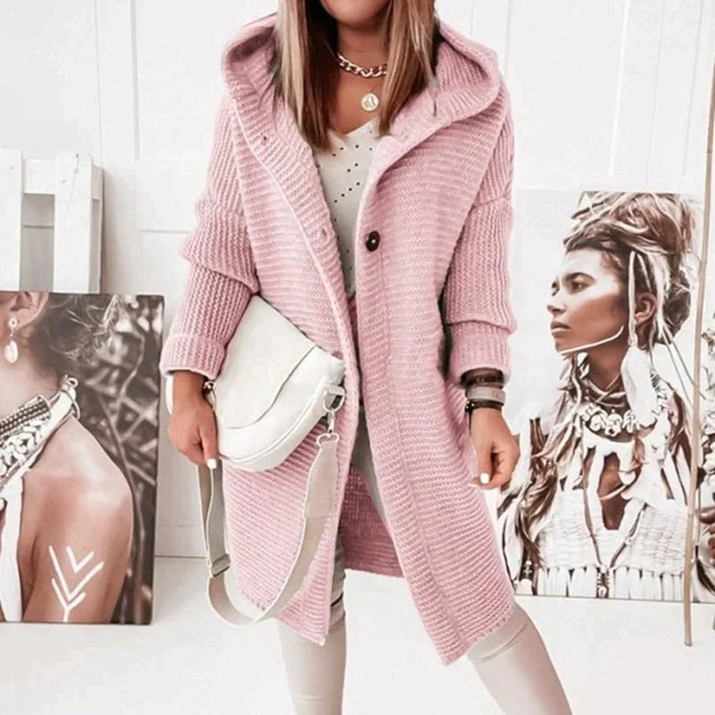 Women's Hooded Midi Winter Coat with Button Closure