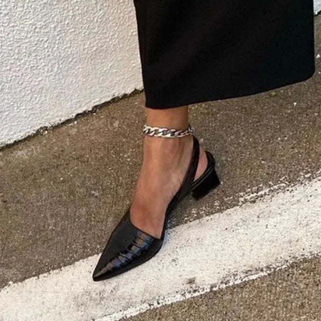Amberly - Retro Pointed Slingback Heels with Chunky Block Heel